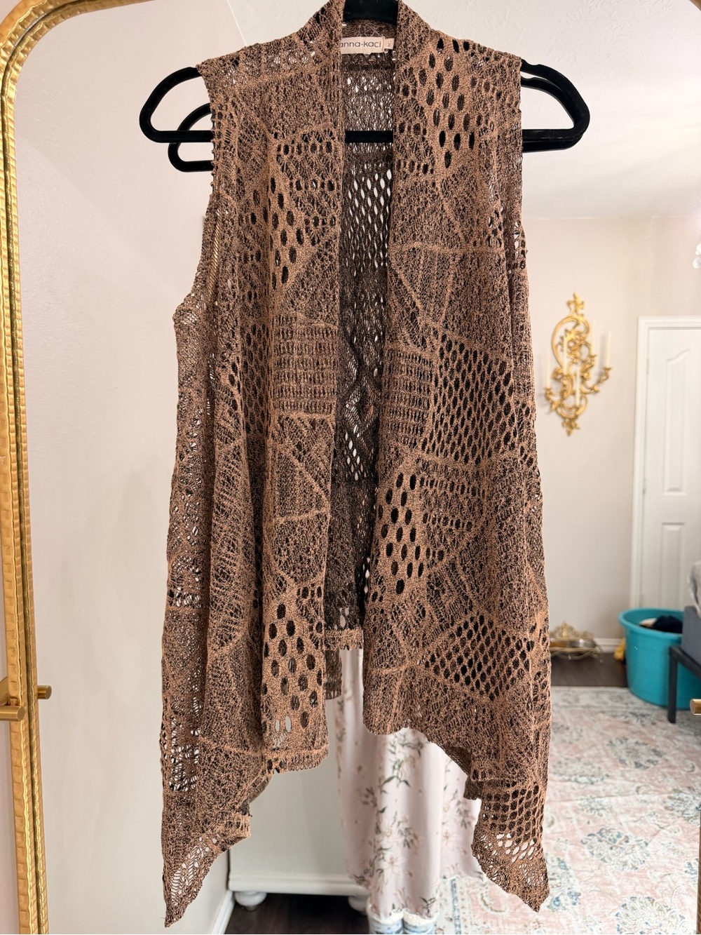 Anna-Kaci Brown Openwork Crochet Vest - Sleeveless Draped Layer
